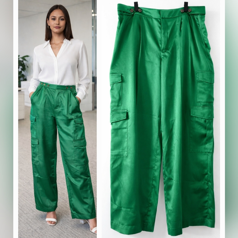 A NEW DAY Women's Green SATIN Office cargo BUSINESS Casual DRESS PANTS Sz 14 NWT